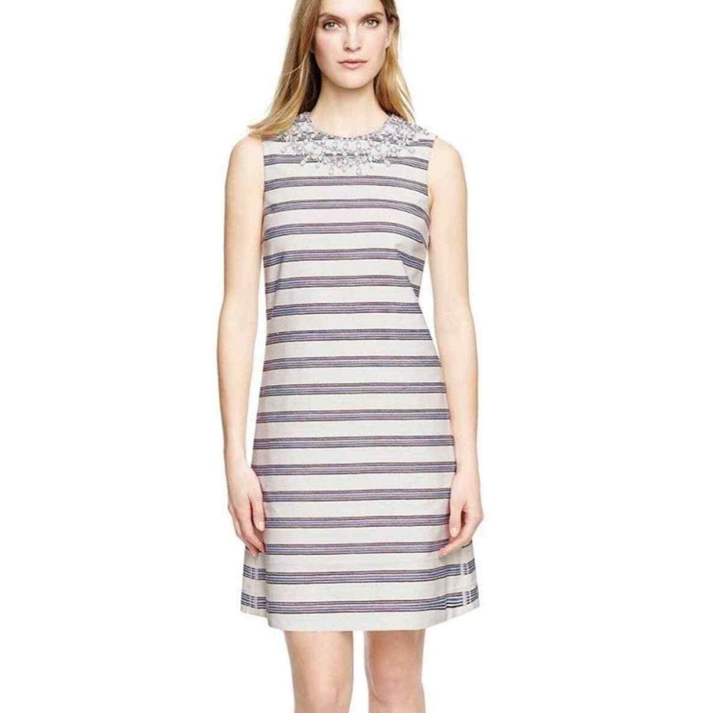 Tory Burch Kaylin Cotton Blend Striped Dress Rhinestone Neckline Size 4